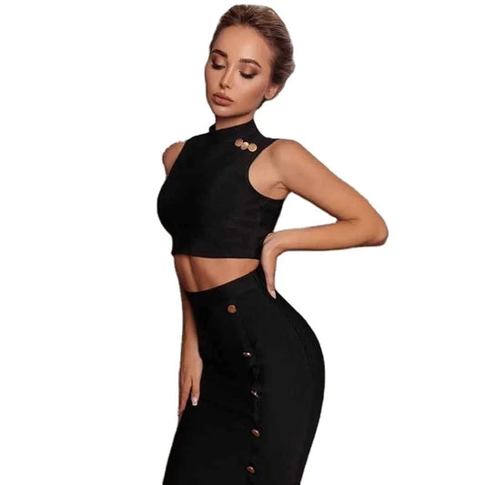 D8222 Female fashion  button design sexy sleeveless blouse dress bandage half skirt two piece set