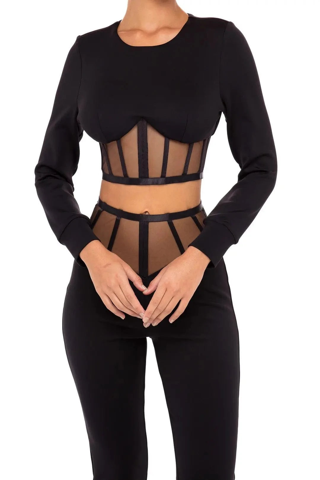 D8233 Women round neck long sleeves lace cutout waist two piece set  bandage suit
