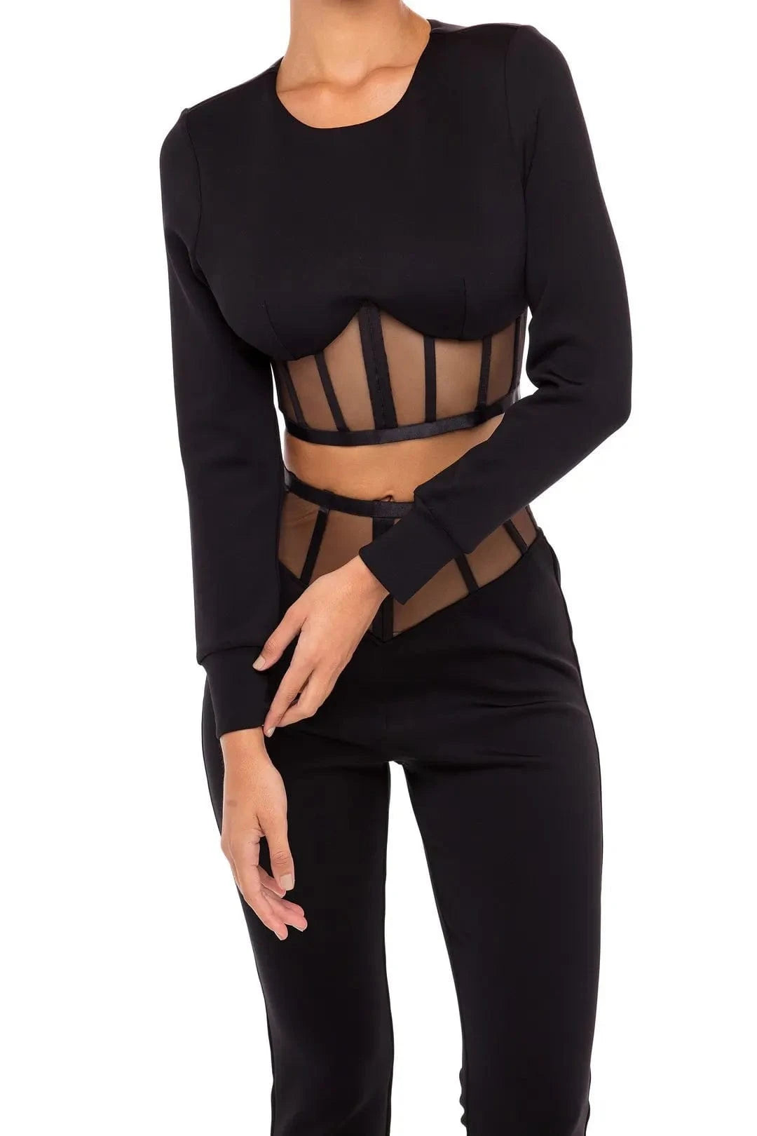 D8233 Women round neck long sleeves lace cutout waist two piece set  bandage suit