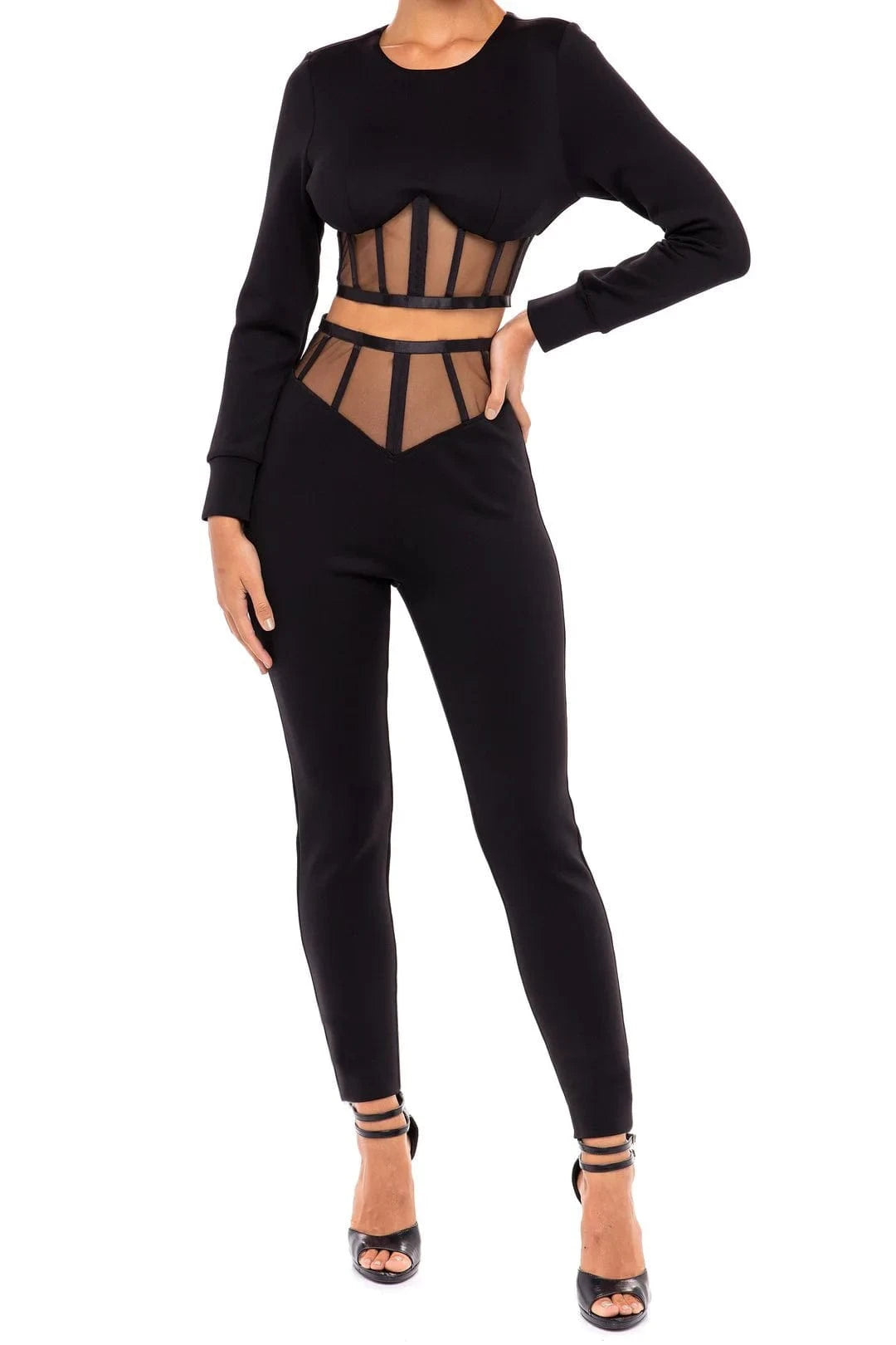 D8233 Women round neck long sleeves lace cutout waist two piece set  bandage suit