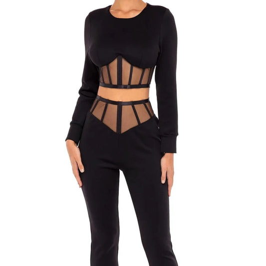 D8233 Women round neck long sleeves lace cutout waist two piece set  bandage suit