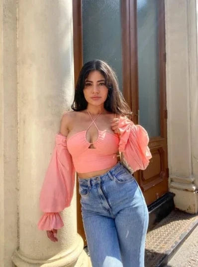 D8520 Sexy long sleeve top women backless Mesh neck blouse