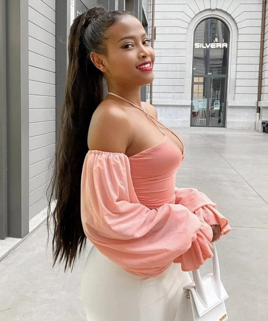 D8520 Sexy long sleeve top women backless Mesh neck blouse