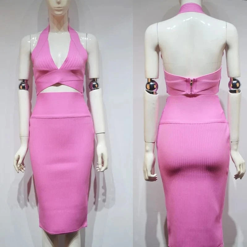 D8689#Summer Sexy Hanging Bandage  with Backless Vest and Neck  Two-piece set for women