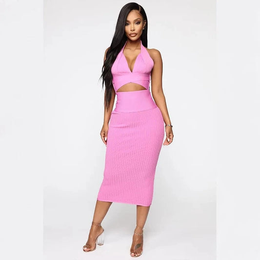 D8689#Summer Sexy Hanging Bandage  with Backless Vest and Neck  Two-piece set for women