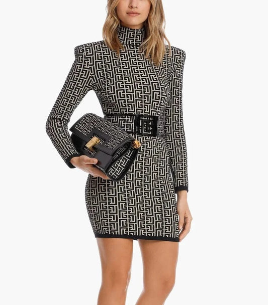 D8781 Bandage dress elegant long-sleeved Jacquard  cocktail dress for women None with belt