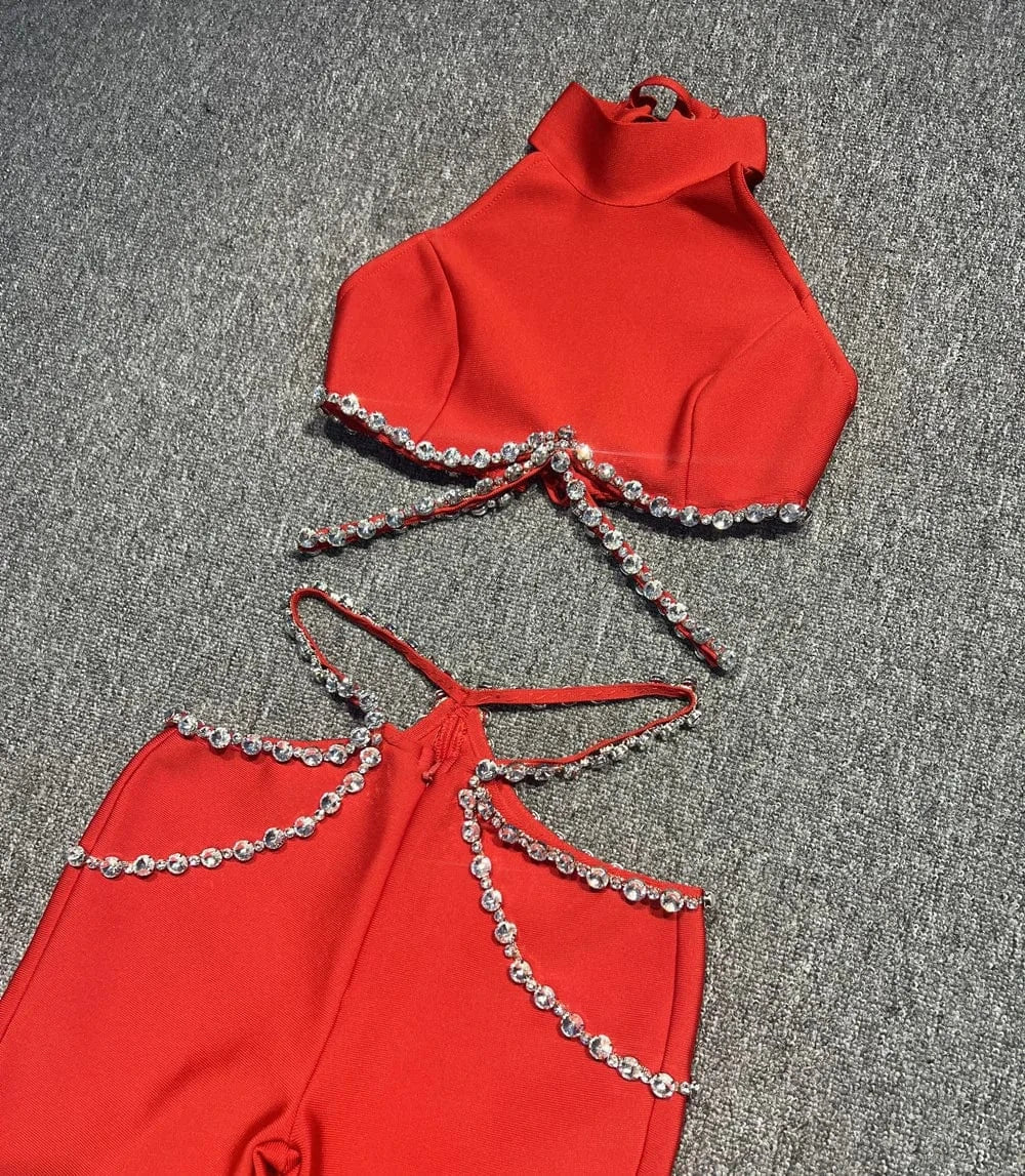 D8883 Fashion Halter Neck Diamond Bodycon Bandage Evening Party Two Pieces Set