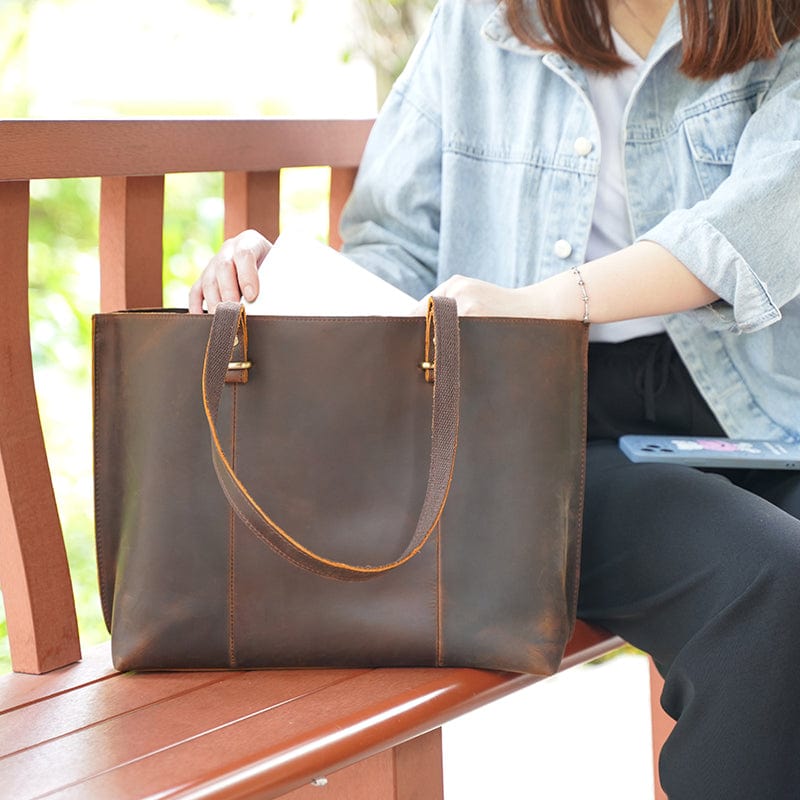 Dark Brown OEM Custom Logo Vintage Style Women Real Leather Shoulder Bag Lady Genuine Leather Handbag Tote Bag
