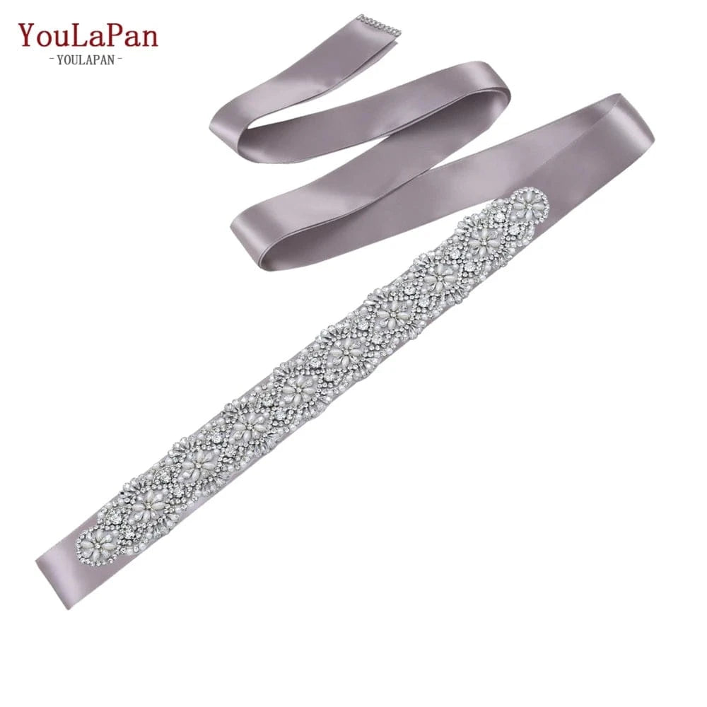 Dark gray Ribbon YouLaPan S04C Rhinestone Party Dress Belt Luxury Bridal Sash Ribbon For Ladies Evening Dress Bridal Jewelry Belt