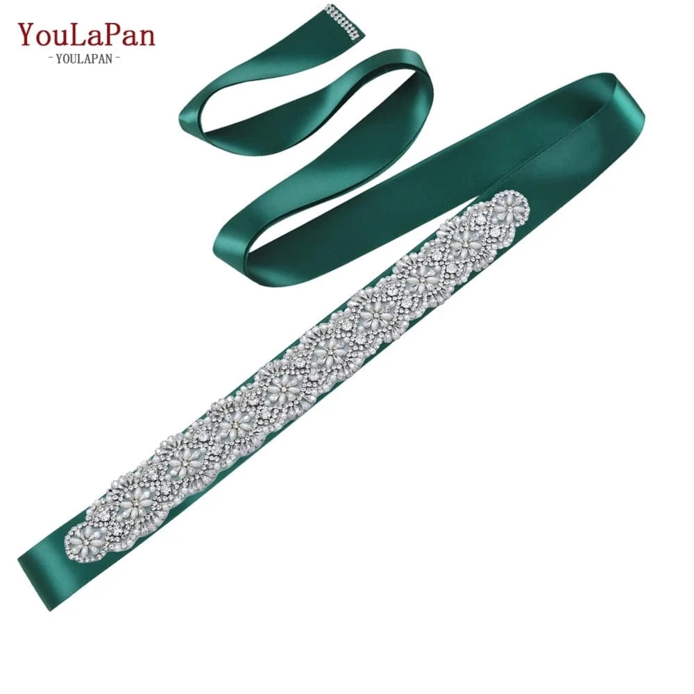 Dark Green Ribbon YouLaPan S04C Rhinestone Party Dress Belt Luxury Bridal Sash Ribbon For Ladies Evening Dress Bridal Jewelry Belt