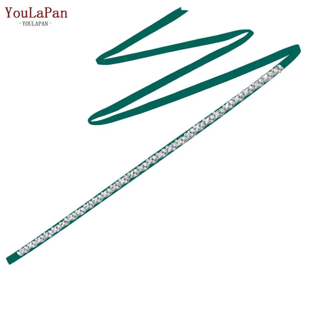Dark green  Ribbon YouLaPan S404 Modern Design Hot Sale Women Dress Belt Silver Rhinestone Thin Belt Bridal Wedding Dress Waist Jewelry