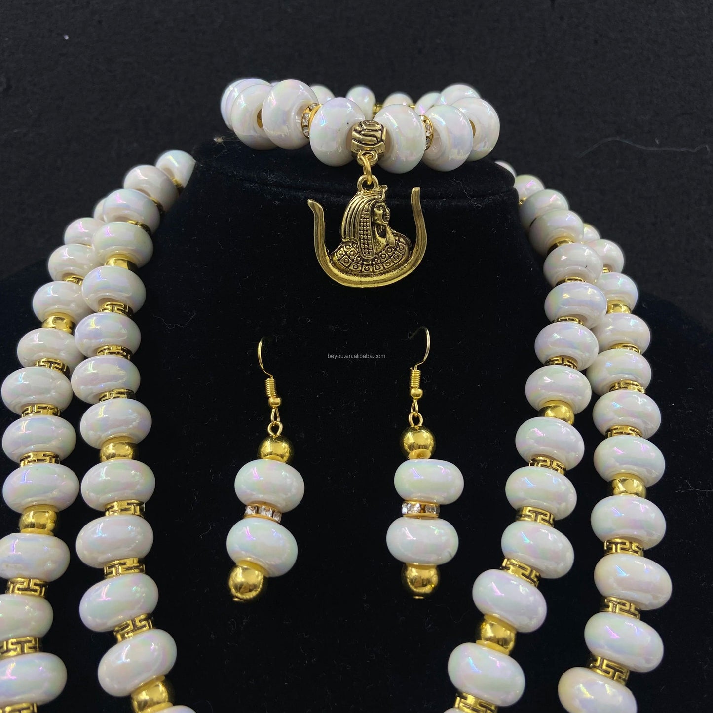 Daughters of Isis Sister Gold Plated Pendant Ambilight White Beads Necklace Earring Bracelet Set DOI Jewelry Gift