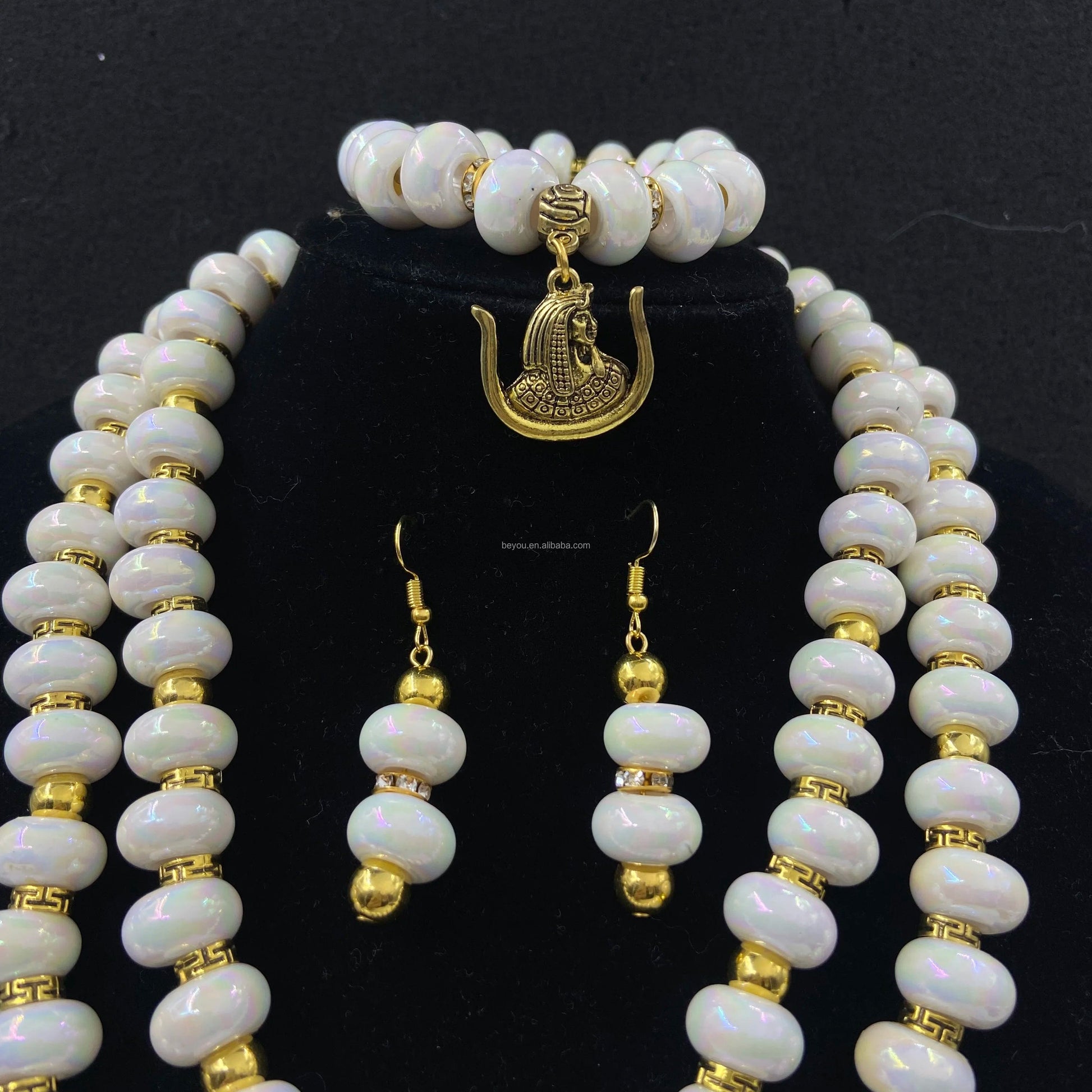 Daughters of Isis Sister Gold Plated Pendant Ambilight White Beads Necklace Earring Bracelet Set DOI Jewelry Gift