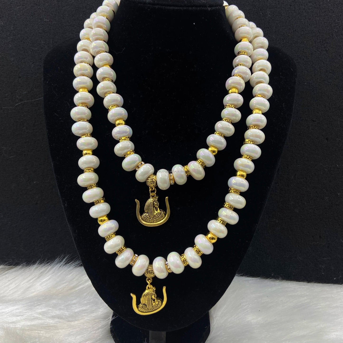 Daughters of Isis Sister Gold Plated Pendant Ambilight White Beads Necklace Earring Bracelet Set DOI Jewelry Gift