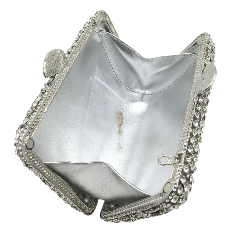 Dazzling Women Silver Flower Hollow Out Crystal Evening Metal Clutches Small Minaudiere Handbag Purse Wedding Box Clutch Bag