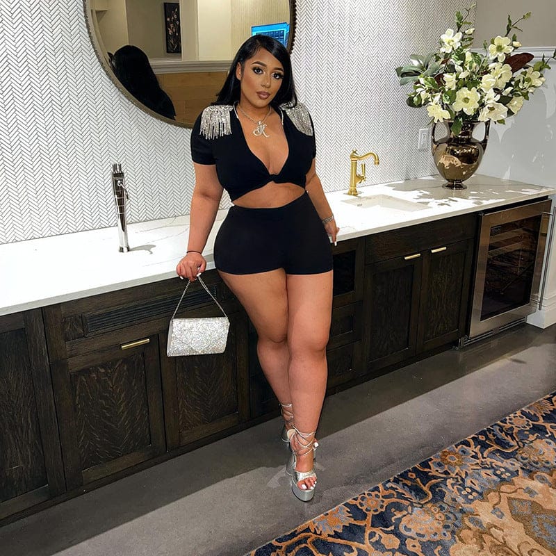 Deep V Cropped Navel Fringed T Shirt High Waist Casual Tight Short Sets