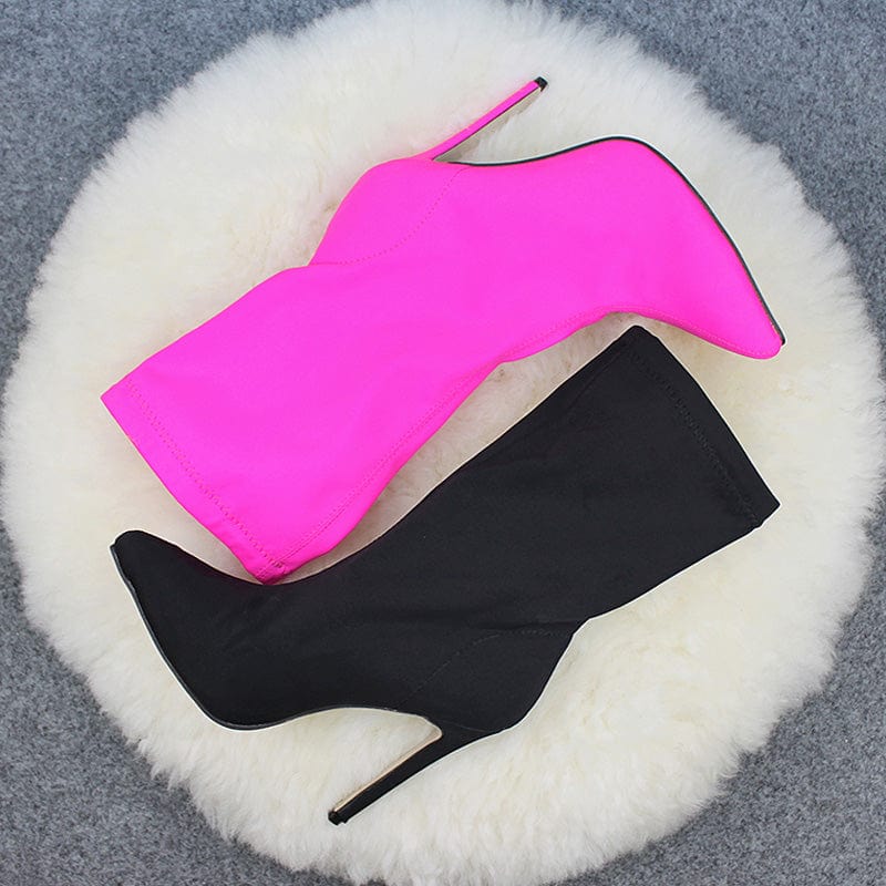 DEleventh Shoes 266-2 Ladies High Heels Boots Sexy Women boots black pink Solid color Thin Heel stretch satin knee high Boots