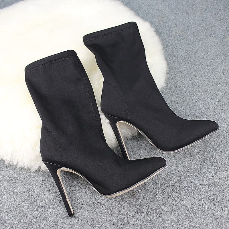 DEleventh Shoes 266-2 Ladies High Heels Boots Sexy Women boots black pink Solid color Thin Heel stretch satin knee high Boots