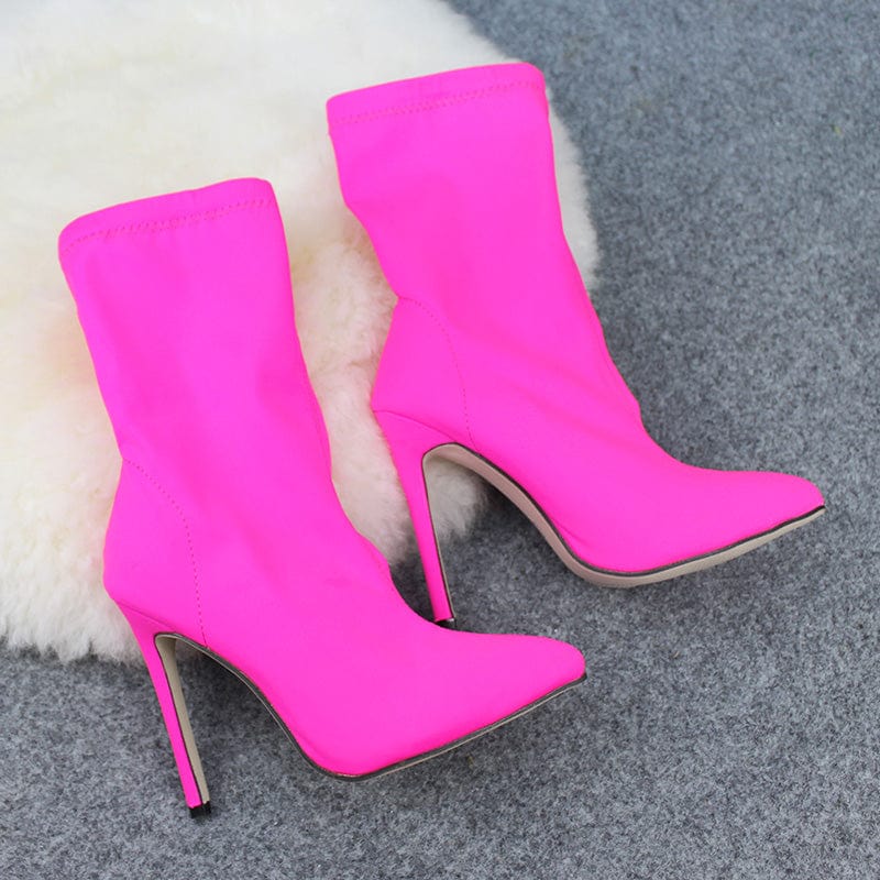 DEleventh Shoes 266-2 Ladies High Heels Boots Sexy Women boots black pink Solid color Thin Heel stretch satin knee high Boots