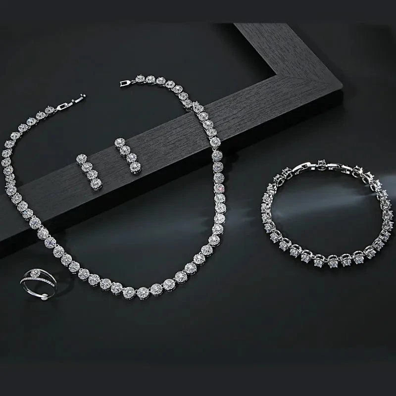 Delicate Zircon Jewelry Set Geometric Tennis Bracelet Necklace Silver Needle Earring Women Fashion Bridal Wedding Jewelry Set