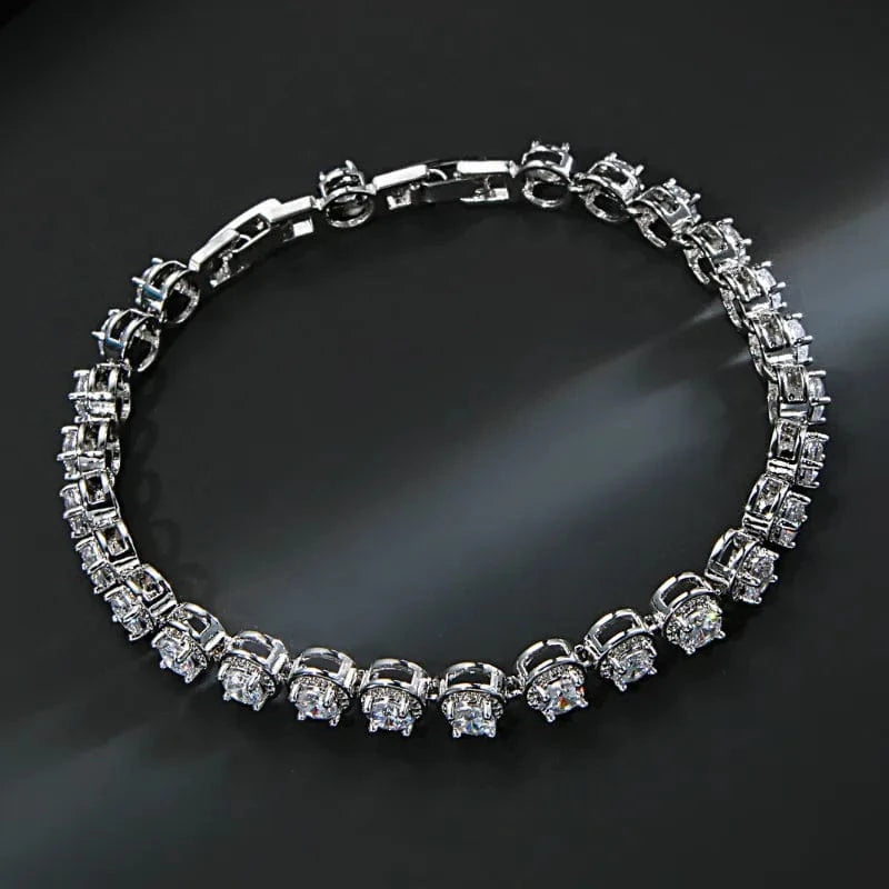 Delicate Zircon Jewelry Set Geometric Tennis Bracelet Necklace Silver Needle Earring Women Fashion Bridal Wedding Jewelry Set