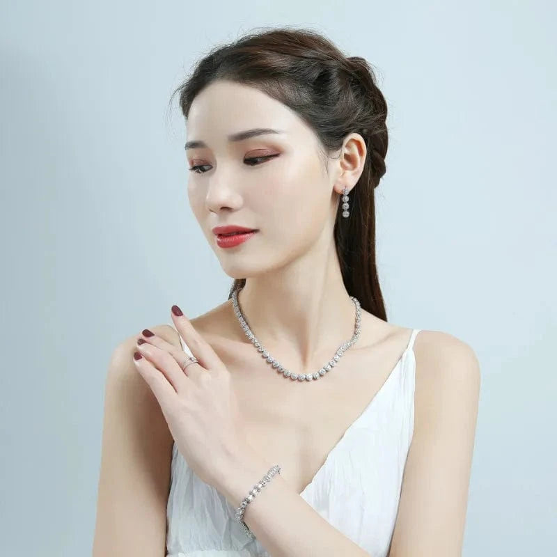 Delicate Zircon Jewelry Set Geometric Tennis Bracelet Necklace Silver Needle Earring Women Fashion Bridal Wedding Jewelry Set