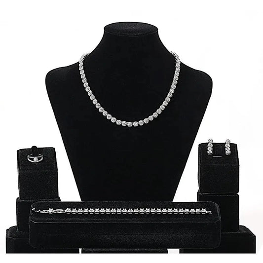 Delicate Zircon Jewelry Set Geometric Tennis Bracelet Necklace Silver Needle Earring Women Fashion Bridal Wedding Jewelry Set