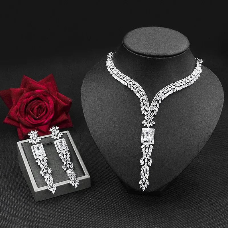 Delicate Zircon Jewelry Set Square Pendant Floral Necklace Statement Earring Women Fashion Bridal Engagement Wedding Jewelry Set