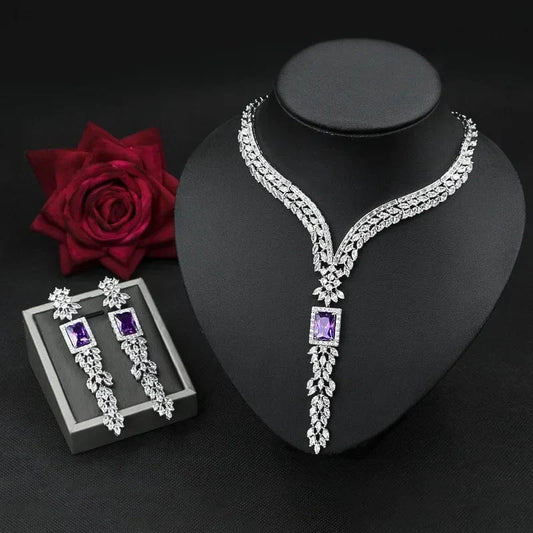 Delicate Zircon Jewelry Set Square Pendant Floral Necklace Statement Earring Women Fashion Bridal Engagement Wedding Jewelry Set