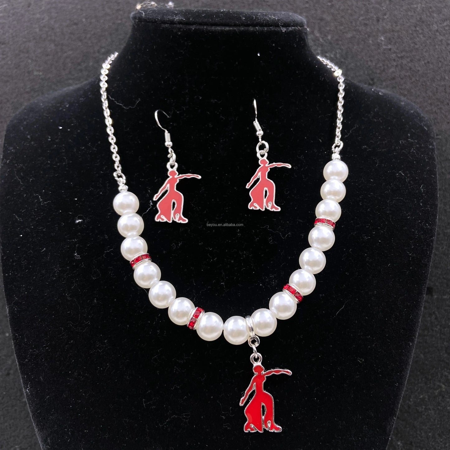 Delta DST Greek Letter with Girl Stainless Steel Charm Drop Dangle Earrings Necklace Set Jewelry