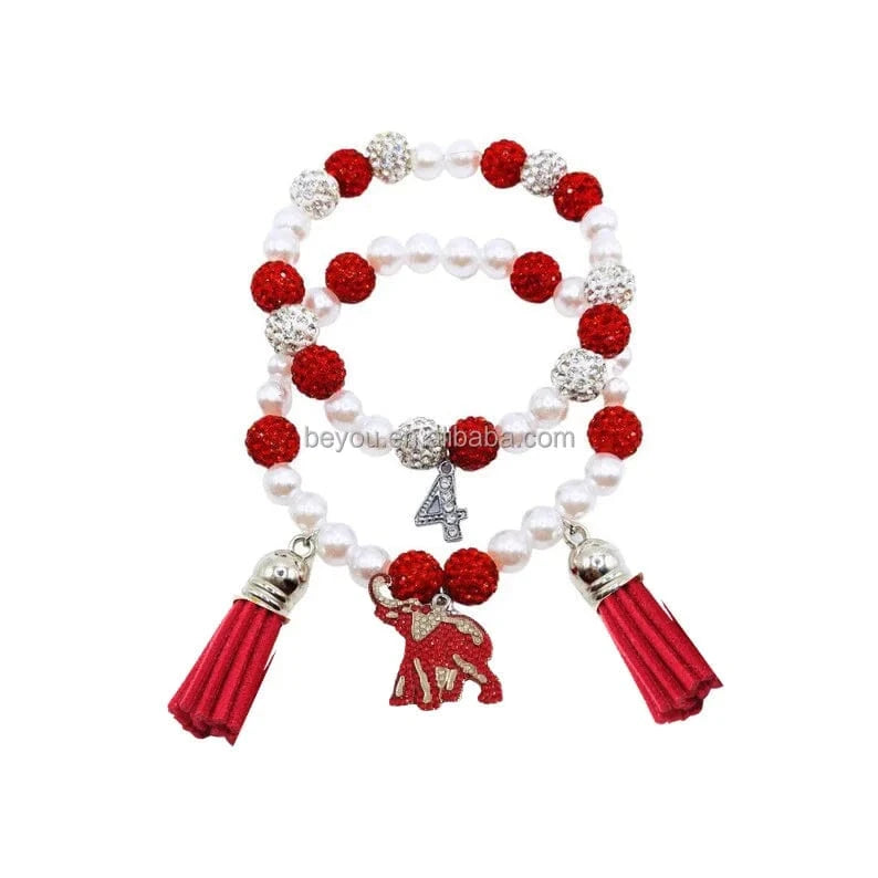 Delta Red White Beaded Custom Elastic Handmade Bracelets DST Rhinestone 1913 Elephant Charm Tassel Bracelet