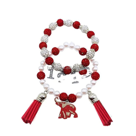 Delta Red White Beaded Custom Elastic Handmade Bracelets DST Rhinestone 1913 Elephant Charm Tassel Bracelet
