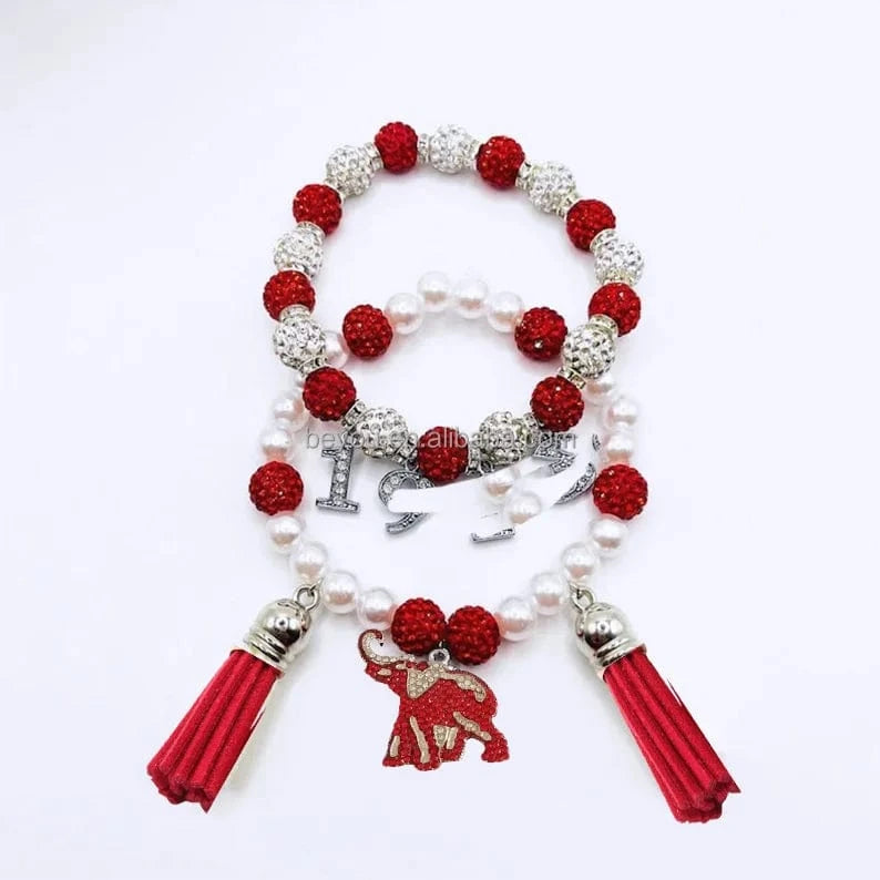 Delta Red White Beaded Custom Elastic Handmade Bracelets DST Rhinestone 1913 Elephant Charm Tassel Bracelet