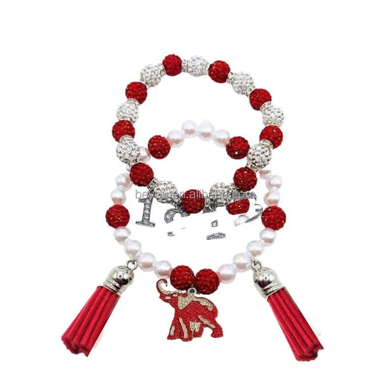 Delta Red White Beaded Custom Elastic Handmade Bracelets DST Rhinestone 1913 Elephant Charm Tassel Bracelet
