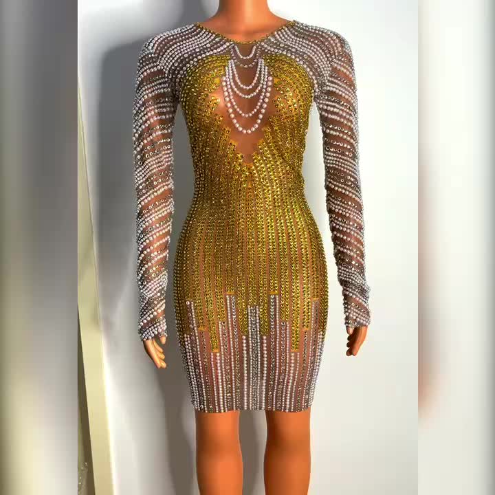 Deluxe Design Golden Rhinestone Stripe Club Party Dress Pearl Appliqued Mesh See Through Sexy Long Sleeve Women Dress Elegant