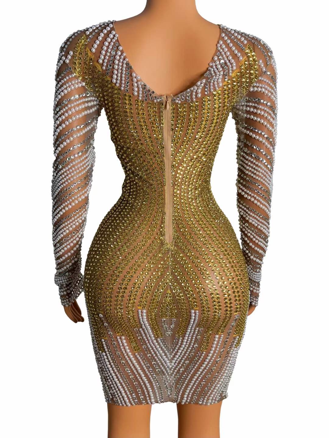Deluxe Design Golden Rhinestone Stripe Club Party Dress Pearl Appliqued Mesh See Through Sexy Long Sleeve Women Dress Elegant
