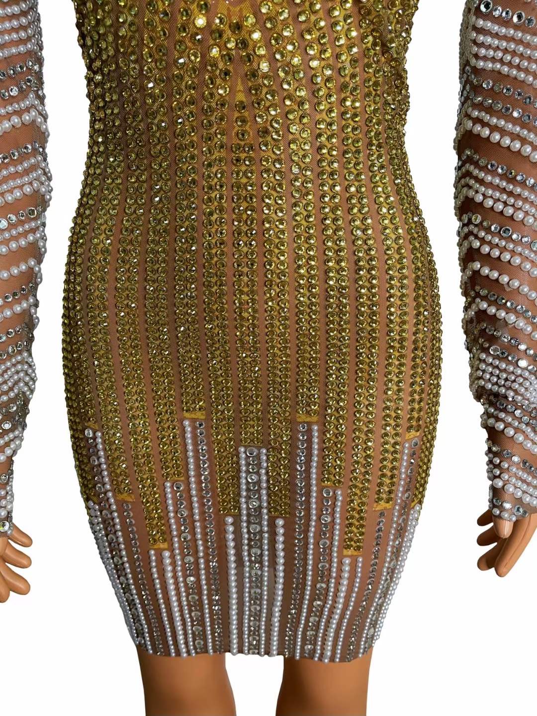 Deluxe Design Golden Rhinestone Stripe Club Party Dress Pearl Appliqued Mesh See Through Sexy Long Sleeve Women Dress Elegant