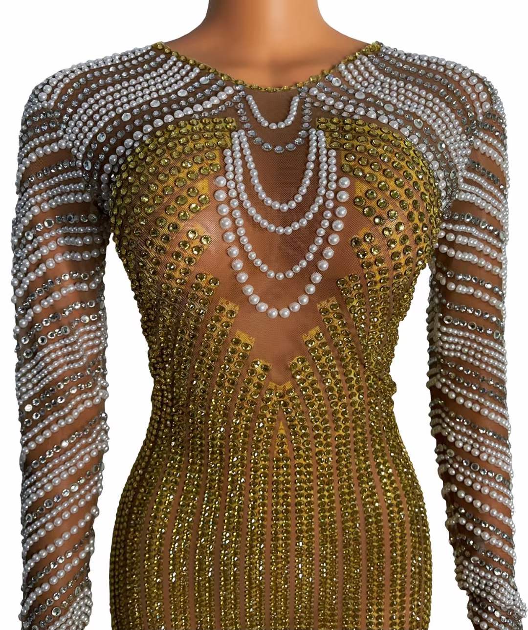 Deluxe Design Golden Rhinestone Stripe Club Party Dress Pearl Appliqued Mesh See Through Sexy Long Sleeve Women Dress Elegant