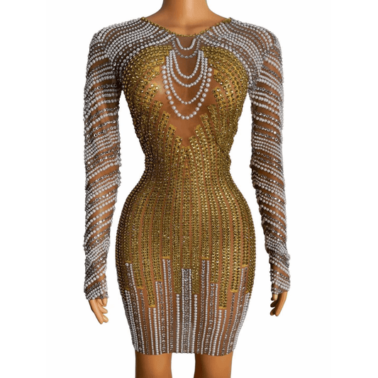 Deluxe Design Golden Rhinestone Stripe Club Party Dress Pearl Appliqued Mesh See Through Sexy Long Sleeve Women Dress Elegant