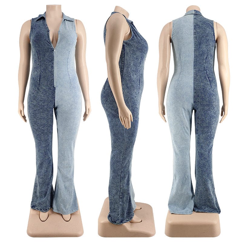 denim 10713-MX28 Color Blocked denim one piece plus size jumpsuits playsuits ladies sehe fashion