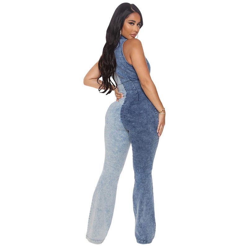 denim 10713-MX28 Color Blocked denim one piece plus size jumpsuits playsuits ladies sehe fashion