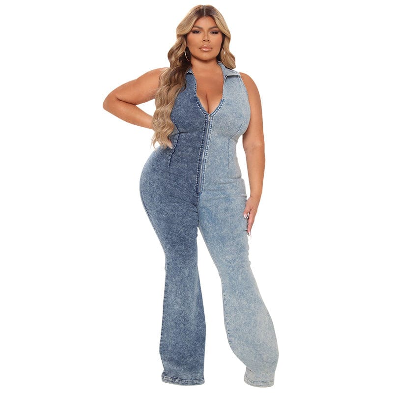 denim 10713-MX28 Color Blocked denim one piece plus size jumpsuits playsuits ladies sehe fashion