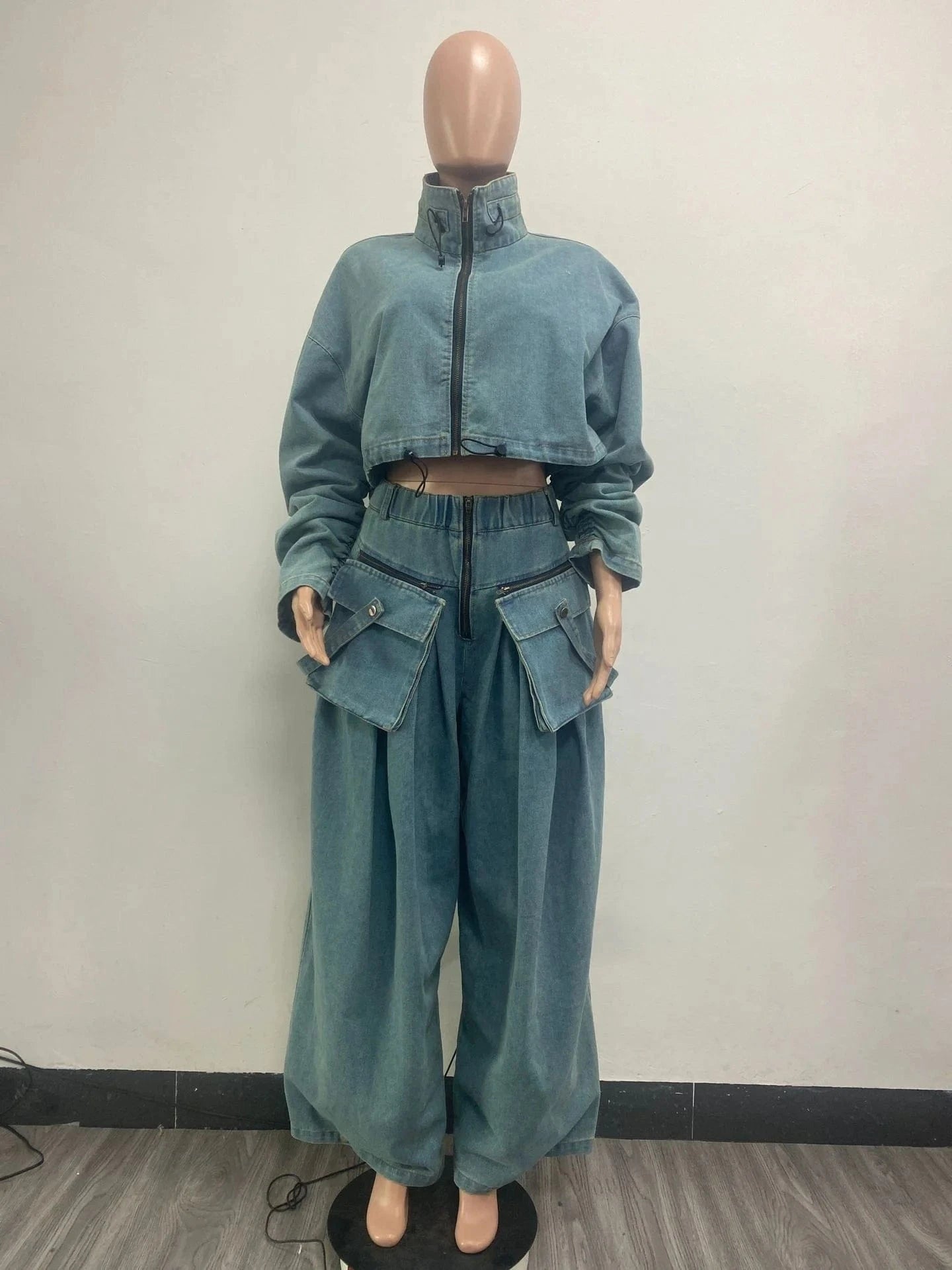 Denim Cargo 2 Piece Set Women Stand Collar Long Sleeve Zip Jeans Jackets Crop Top Pockets High Waist Wide Leg Pants Suits