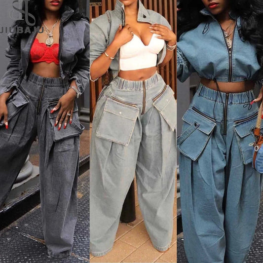 Denim Cargo 2 Piece Set Women Stand Collar Long Sleeve Zip Jeans Jackets Crop Top Pockets High Waist Wide Leg Pants Suits