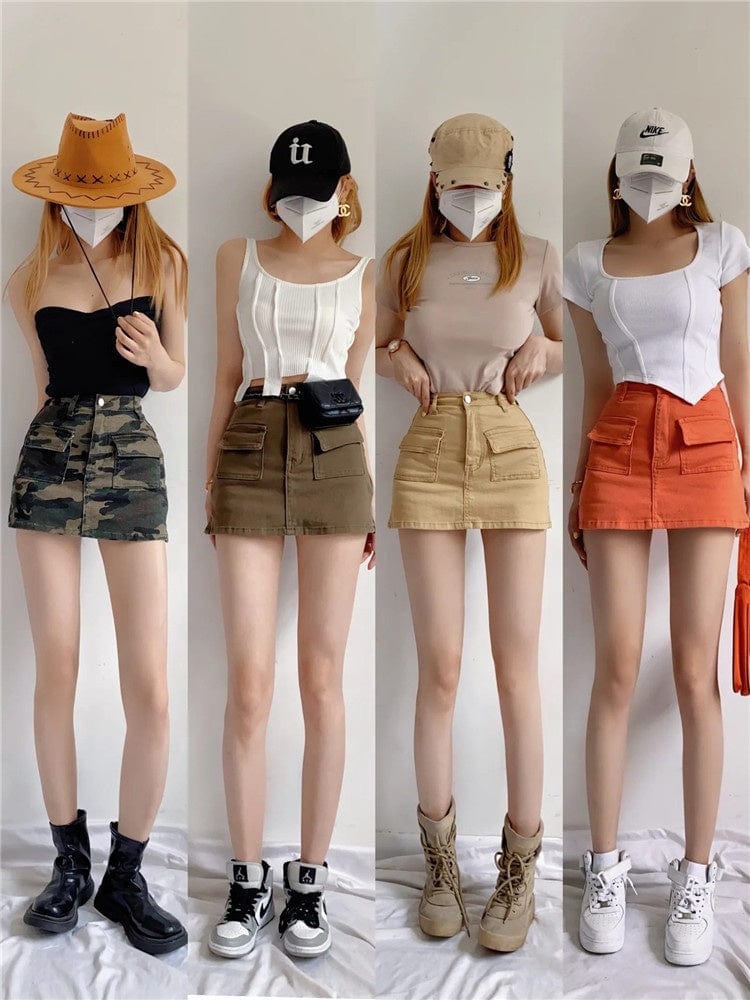 Denim Cargo Mini Skirt Women Women Pocket Harajuku Jean A-line Skirts Streetwear