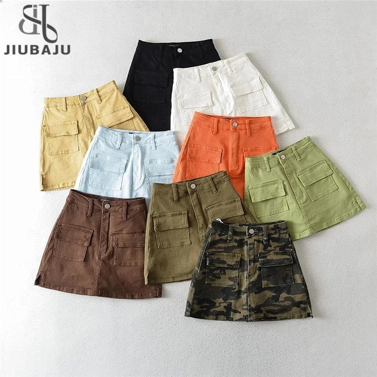 Denim Cargo Mini Skirt Women Women Pocket Harajuku Jean A-line Skirts Streetwear