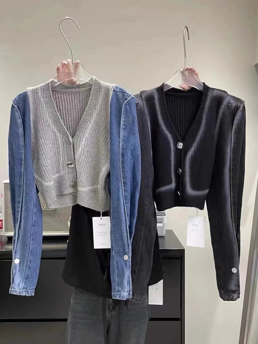 Denim Fusion 2-Piece Set Stylish Cargo Jeans & Contrast Knit Cardigan