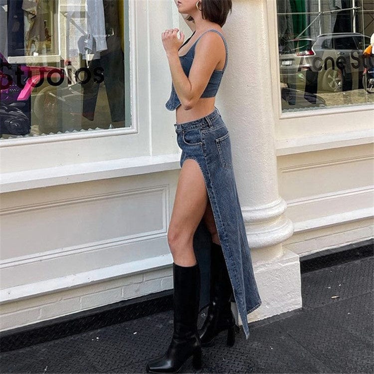 Denim High Slit Women Skirt Slim Korean Fashion Straight Vintage Elegant Streetwear Punk CLub Long Skirts