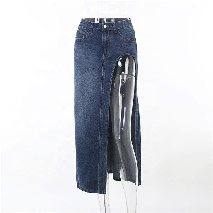 Denim High Slit Women Skirt Slim Korean Fashion Straight Vintage Elegant Streetwear Punk CLub Long Skirts