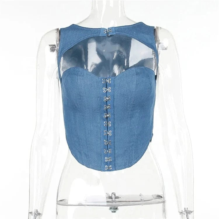 Denim Hollow Out Tank Top Women Y2K Spicy Girl 2023 Fashion Sexy Slim Fit Sleeveless Basic Corset Top